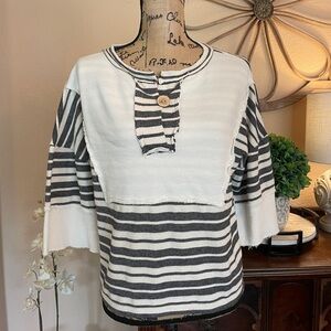 BKE Charcoal and Cream Striped Oversized Boxy Top